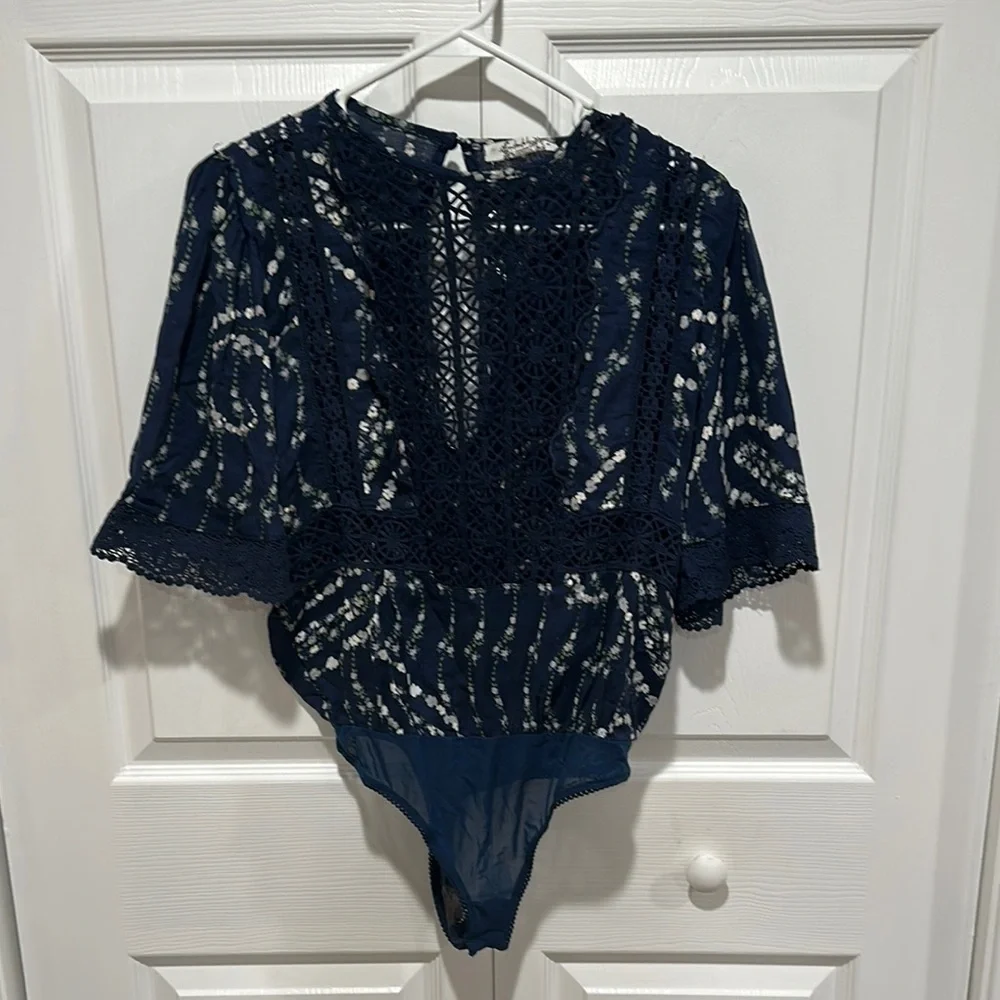 FREE PEOPLE Bali Tate Mixed Media Navy Lace Bodysuit